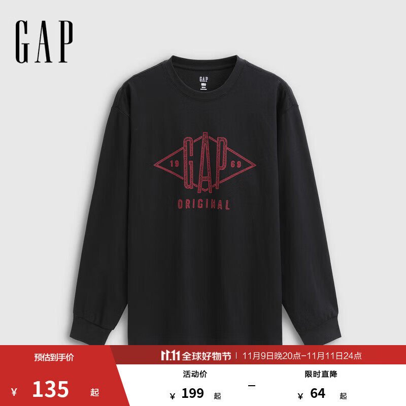 GAP男女装2025秋季新款印花logo纯棉宽松圆领长袖T恤上衣786879 黑色 L (175/96A)亚洲尺码
