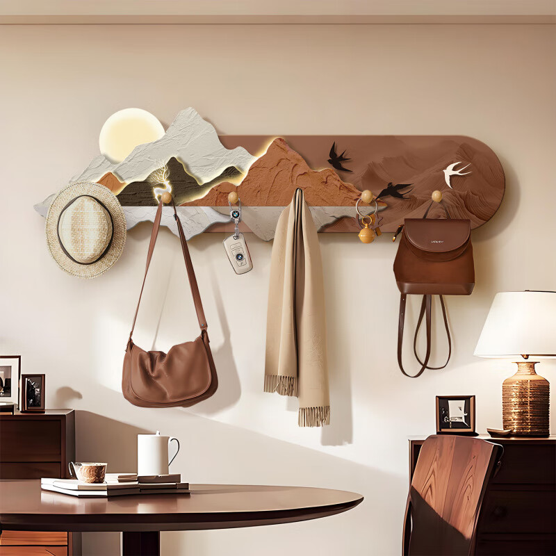 立始中古风粘钩入户进门挂衣架玄关鞋柜上面钥匙包包收纳置物架挂钩 山形绣影(70*20)