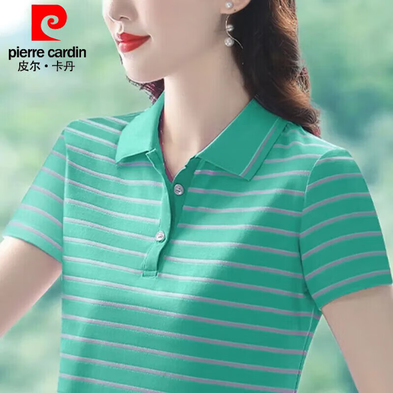 皮尔卡丹（pierre cardin）纯棉Polo夏季2026新款条纹翻领短袖大码休闲运动带领T恤女士上衣 宝蓝【纯棉Polo】 4XL 【建议145-160斤】