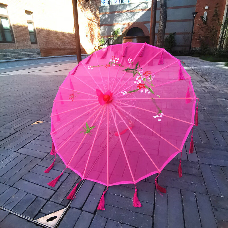 好俏俏布藝紅色油紙傘舞蹈傘演出傘道具傘傘傘裝飾傘旗袍秀流蘇工 玫紅色絲絹面流蘇邊 半穿 76cm