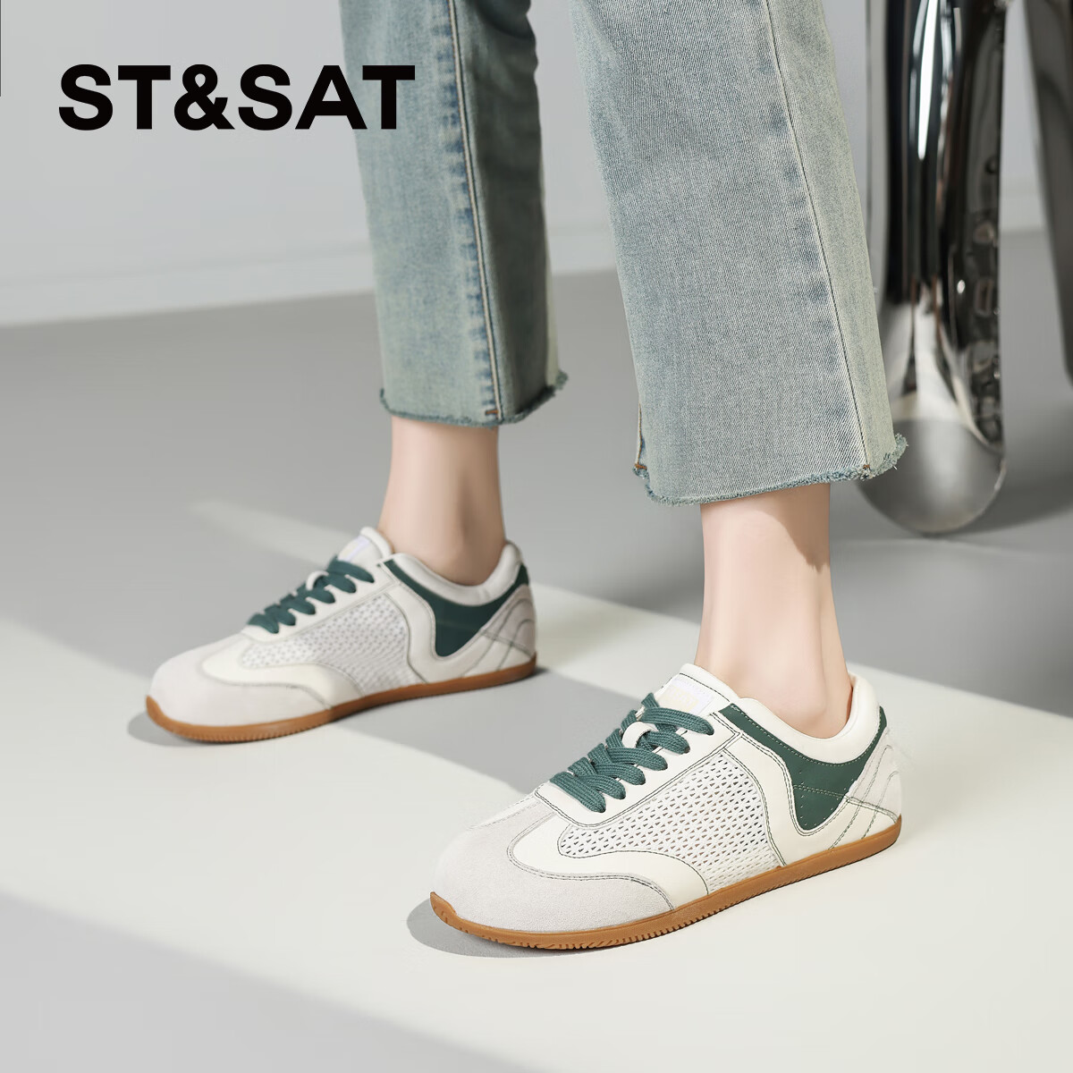 星期六（St&Sat）2025新款拼色德训鞋子轻奢复古增高跑步运动鞋休闲鞋板鞋子女鞋子 米绿色 38