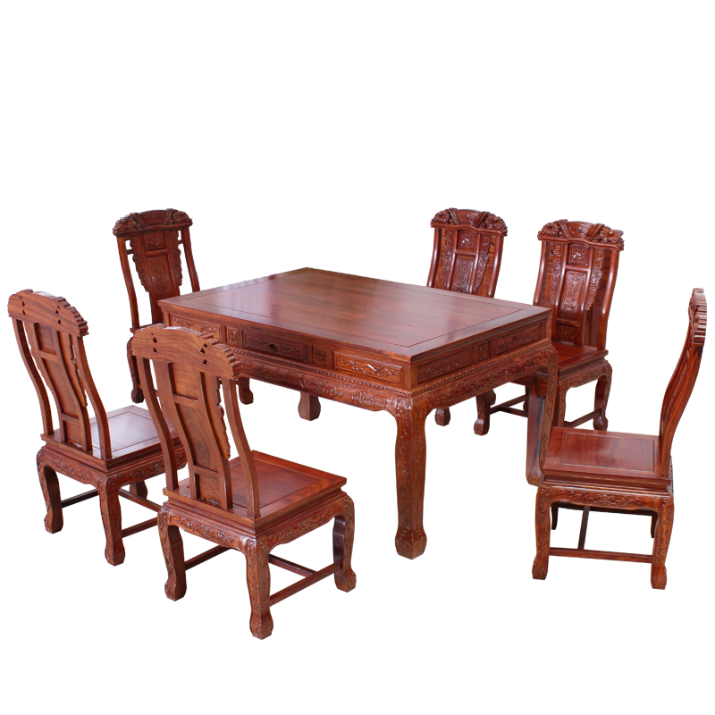 木中央红木家具非洲花梨（学名：刺猬紫檀）餐桌椅组合 餐桌一桌六椅