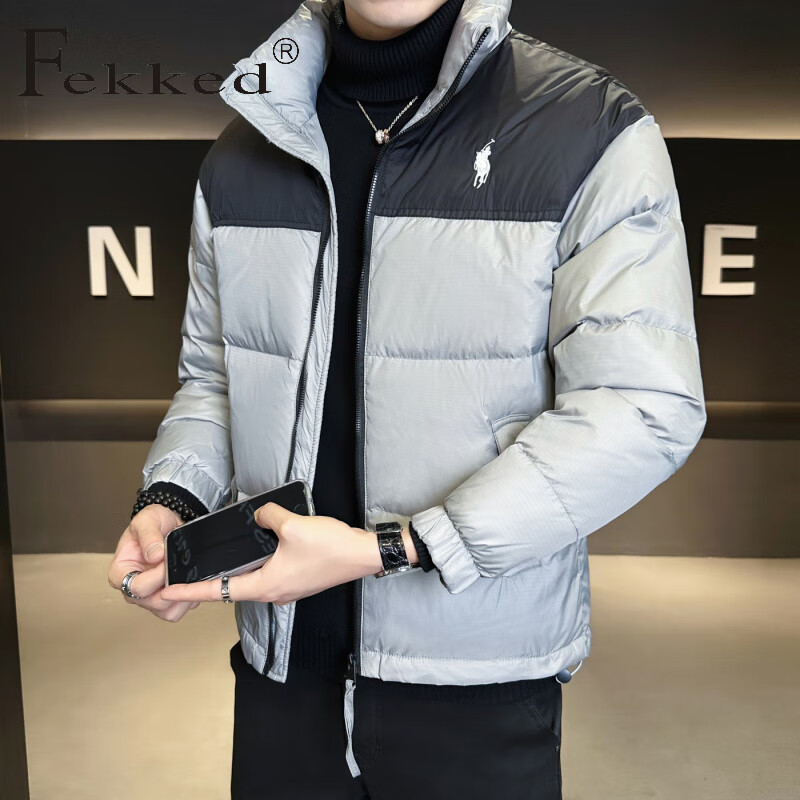 Fekked香港潮牌店主风2025冬季新款男士休闲刺绣拼色立领时尚羽绒服外套 灰色 L