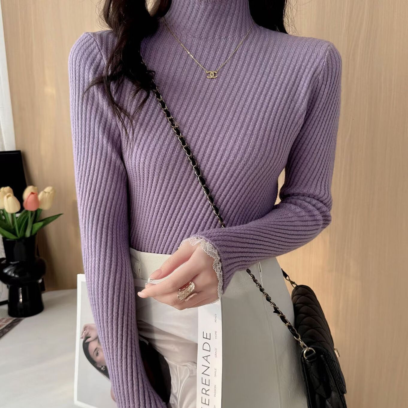 香影芬半高领蕾丝毛衣打底衫内搭女款2025新款穿搭上衣秋冬季白色针织衫 紫色 S (建议95斤以内) 