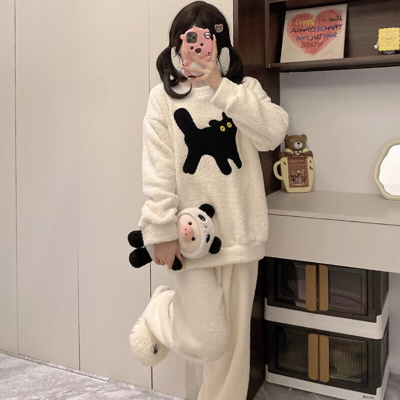 都市丽人睡衣套装女士秋冬季2025新款加绒加厚家居服可爱半边绒睡衣可外穿 可爱小黑猫 XL  （建议120-140斤）