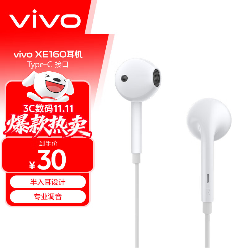 vivo XE160 耳机 Type-C 版 半入耳线控有线耳机 1.25m