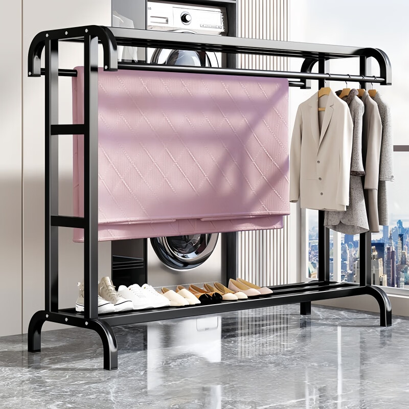 馨婺家阳台晾衣架落地家用晒衣架室内凉衣服可移动卧室挂衣架晒被子神器 黑色-长1米【带脚垫】加强承重