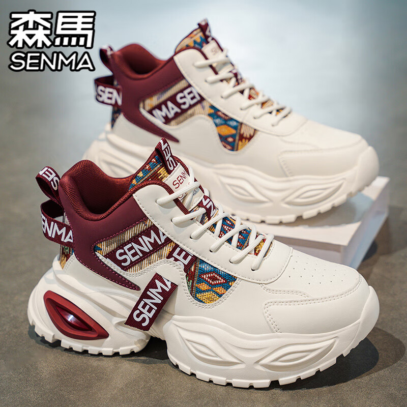 森馬男鞋冬季小眾國風(fēng)設(shè)計(jì)感百搭休閑老爹鞋青少年真皮高幫運(yùn)動(dòng)鞋子男 米紅 41