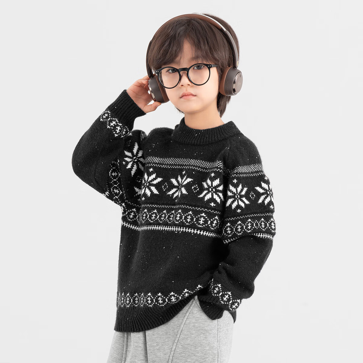 多多家男童圆领毛衣冬日费尔岛雪花打底针织儿童内搭童装复古芝麻点线衫 黑色 120