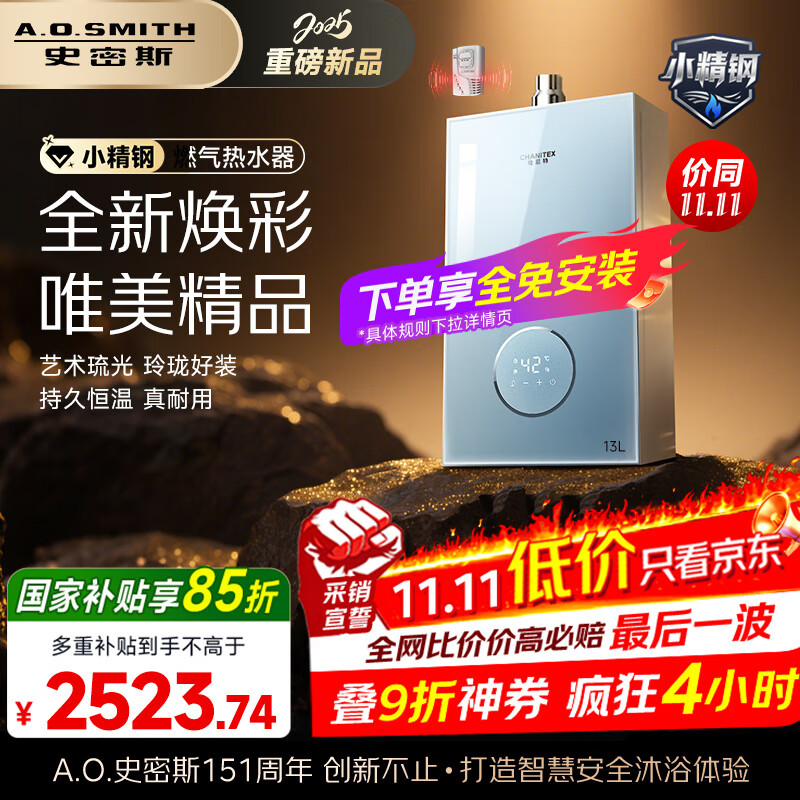 史密斯（A.O.SMITH）佳尼特【小精钢TCS5】13升燃气热水器 国家补贴 安全守护 持久恒温大水量 新品