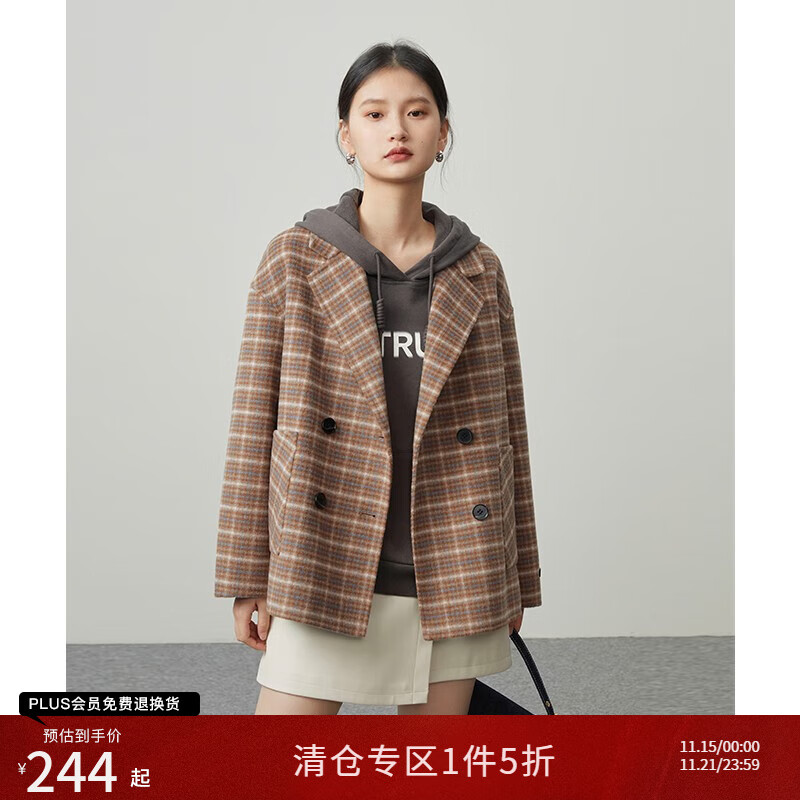 自巧【长短款】小个子格子毛呢西装外套女冬新款英伦风双面呢大衣 复古格纹【duan款】 XS (151-153cm左右参考)