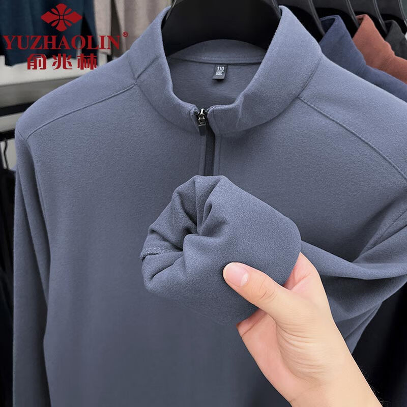 俞兆林（YUZHAOLIN）男士德绒长袖t恤秋冬季保暖半拉链打底衫中青年半高领体恤衫潮流 豆绿色 2XL （建议155到170斤穿）