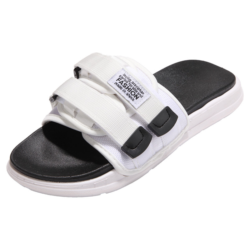 战澈 夏季魔术贴拖鞋男韩版情侣潮流时尚外穿沙滩鞋青年学生个性凉拖 白色 L(适合38-39脚)