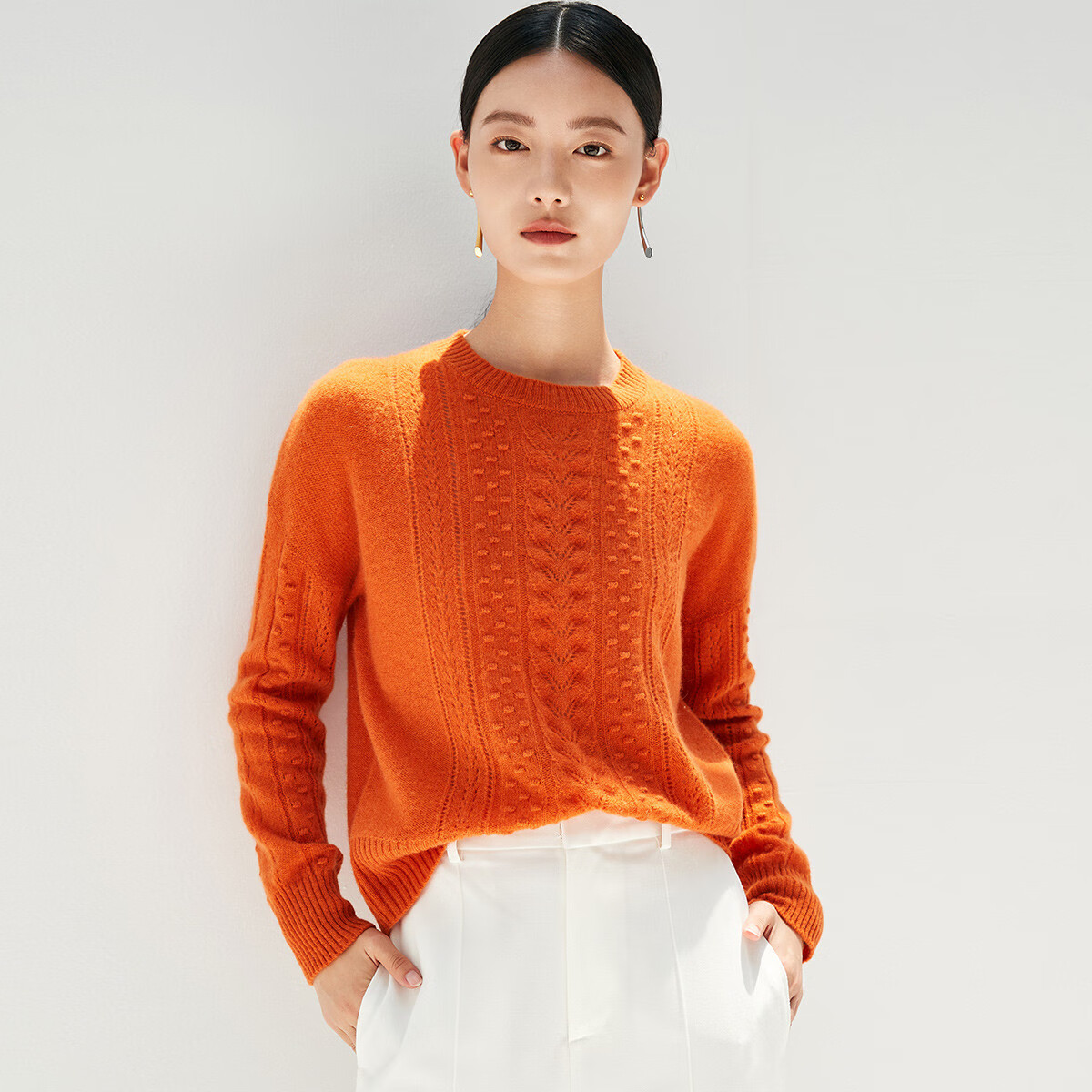 帕罗（PALUOPO）【100山羊绒】秋冬镂空绞花设计淑女宽松气质针织羊绒衫女 柑橘黄 M 100