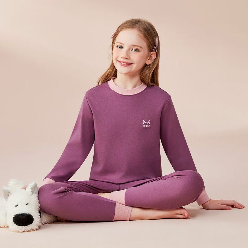 猫人（MiiOW）女童纯棉秋衣秋裤儿童保暖内衣套装全棉中大童棉毛衫春秋家居服 紫色logo 圆领 140 建议体重49-69斤