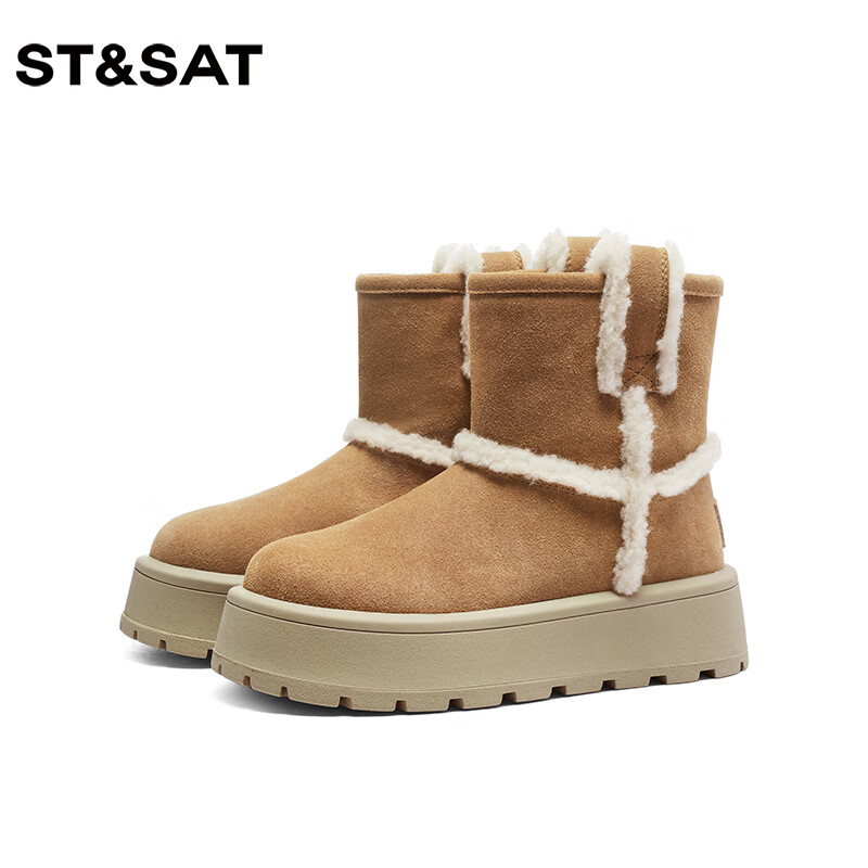 星期六（St&Sat）时尚百搭加绒增高厚底圆头靴子保暖女鞋舒适简约新款雪地靴 驼色 36