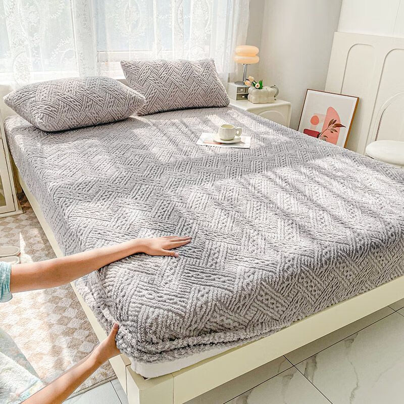 高睿a类牛奶绒床笠单件雕花绒床罩加绒床垫套保护罩冬季防滑2025新款 T型格-灰【高颜值加绒加厚】 150cm*200cm 【床笠单件】