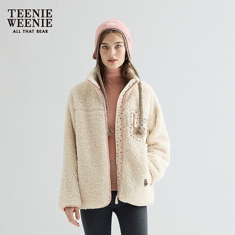 Teenie Weenie小熊女装秋冬碎花灯芯绒拼接仿羊羔毛开衫卫衣外套 象牙白 S