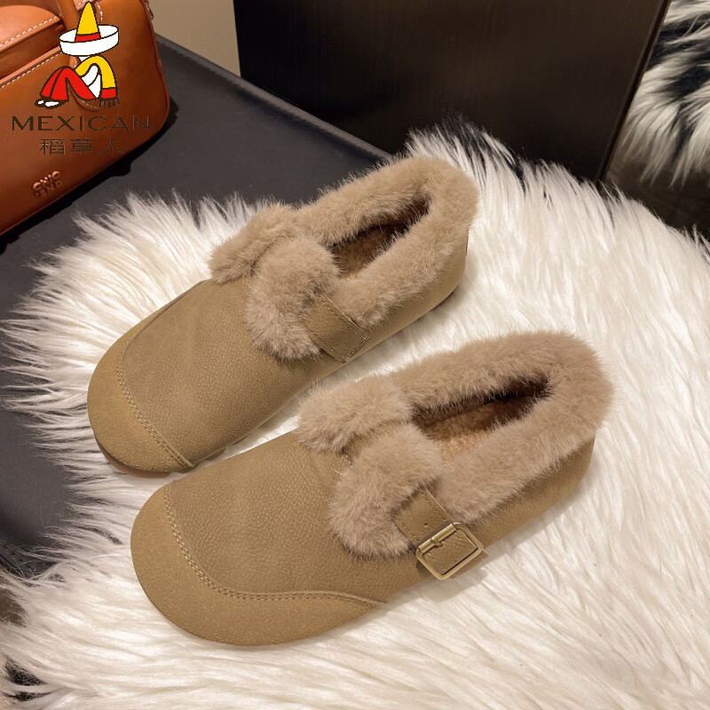 稻草人（MEXICAN）孕妇一脚蹬毛毛鞋女2026冬季加绒保暖棉鞋软底乐福鞋41码勃肯鞋女 卡其 【主图】 37