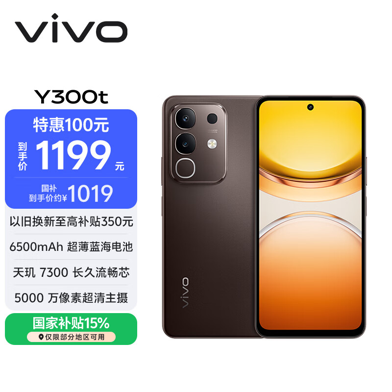 vivo Y300t 8GB+256GB 黑咖 国家补贴 6500mAh超薄蓝海电池 天玑7300长久流畅芯 全功能NFC AI手机