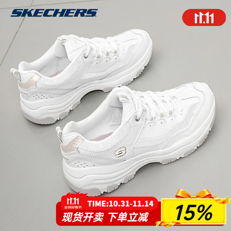 斯凯奇（Skechers）女鞋夏季2025新款网面小白鞋休闲运动鞋厚底增高老爹鞋熊猫鞋女 白色-WHT 35