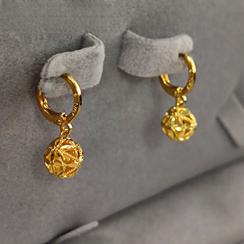 DL 1998胖东来同款18K金耳饰 转运珠结婚送礼新款24k包金耳环18k黄金色耳 金色 1对