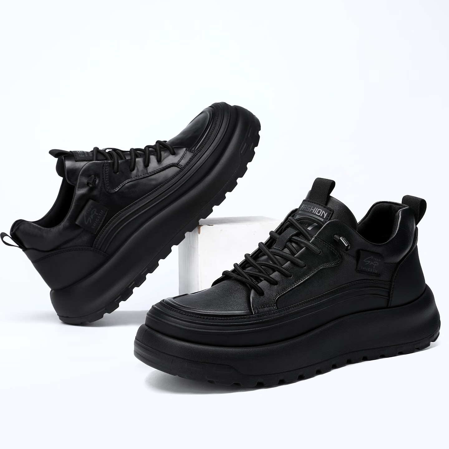 Q ZHIHE品牌男鞋新款真皮板鞋厚底耐磨防滑运动鞋男士休闲登山鞋 黑色四季款【皮鞋码】 44 (270mm)