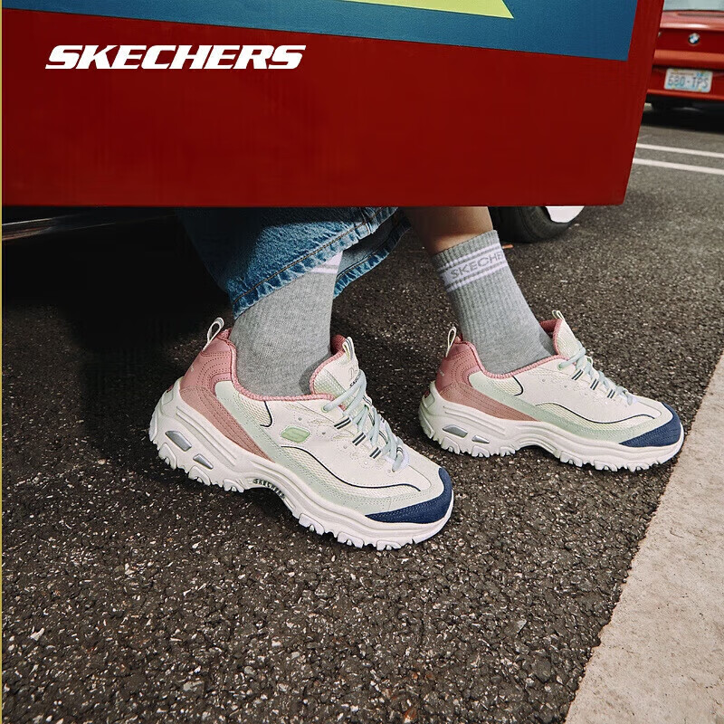 斯凯奇（Skechers）奶茶熊1代丨秋冬女鞋运动鞋缤纷撞色新款复古增高老爹鞋休闲鞋潮 白桃冰淇淋/NTPK 35