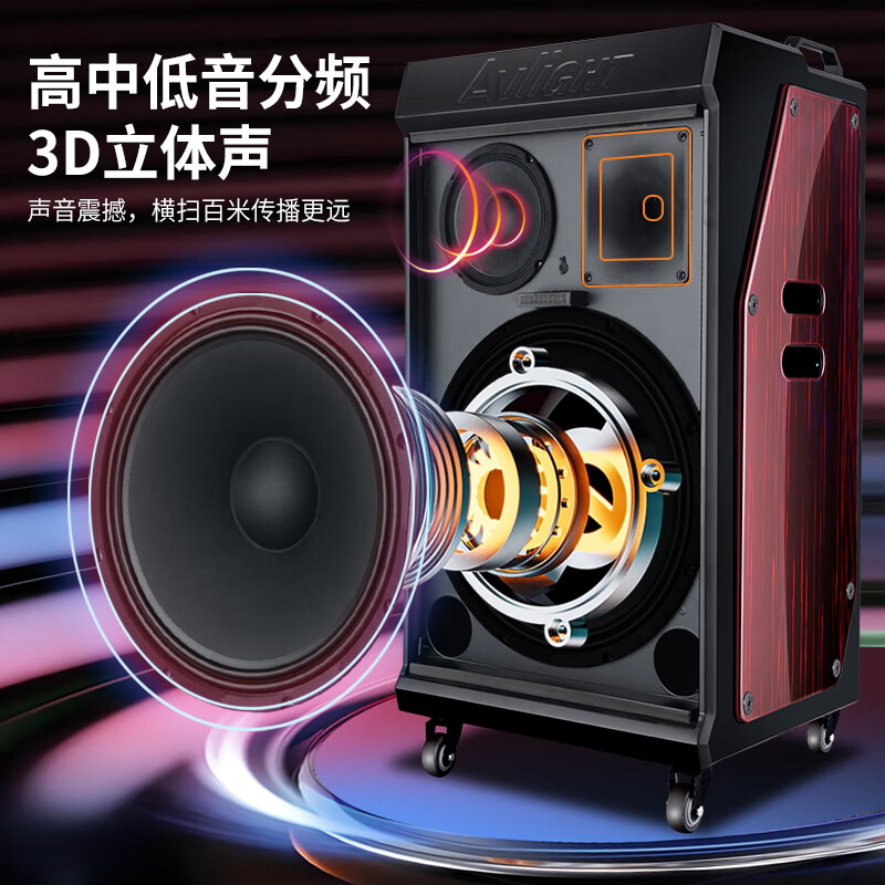 爱浪(Avlight)T615户外广场舞音响大功率重低音直播唱k歌演出带蓝牙声卡无线话筒便携拉杆音箱 T615【15寸低音】2200W+45安电池