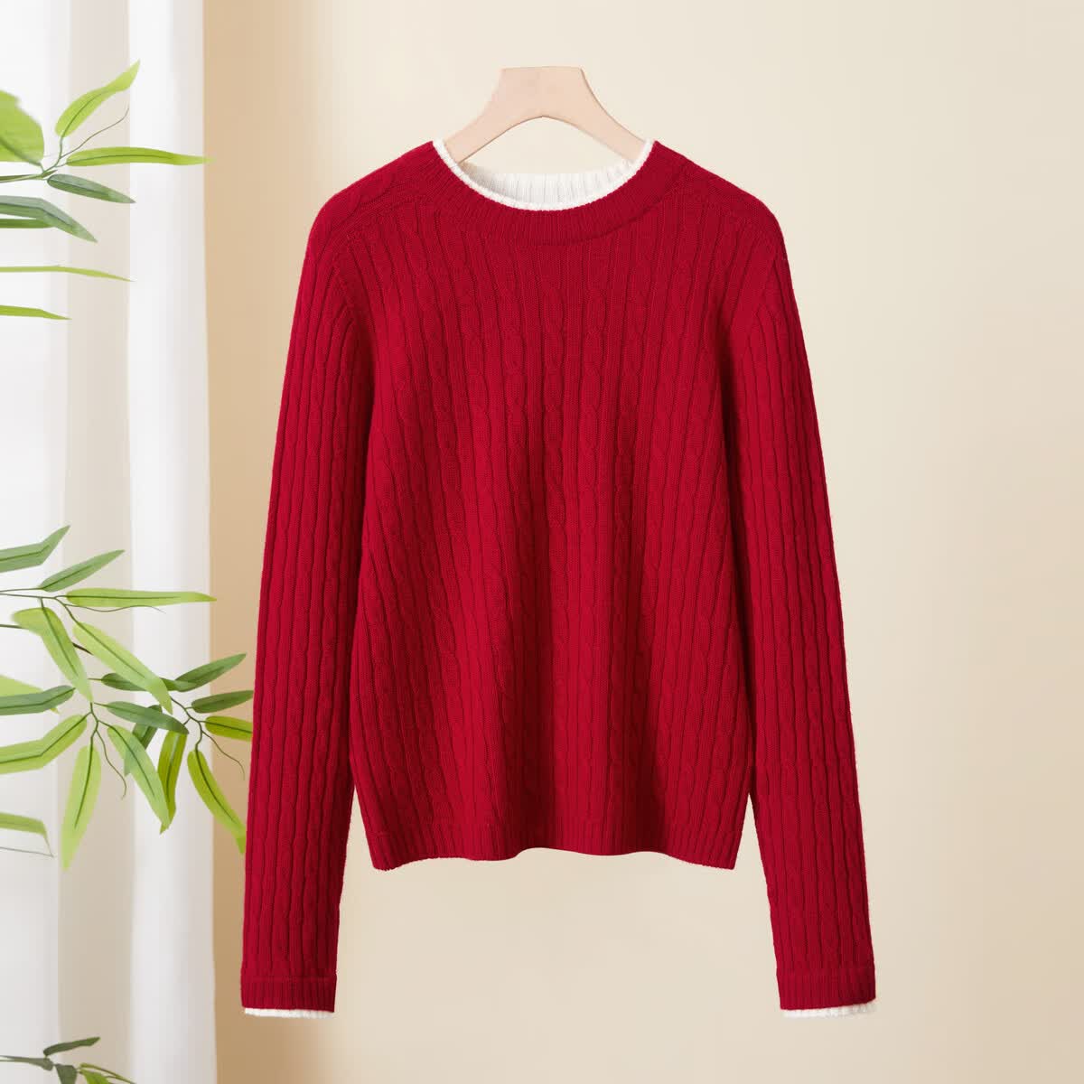 春竹100%羊毛26春季新款圆领假两件麻花洋气减龄保暖厚款女针织羊毛衫 红色 XL 105cm