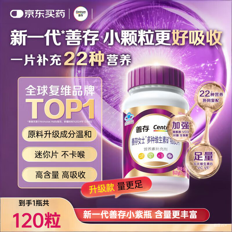善存（Centrum）女士复合维生素B族烟酰胺多种维DCEK2叶酸硒铁B12多种矿物质片 【升级款紫瓶】小颗粒多维女士 120粒*1瓶