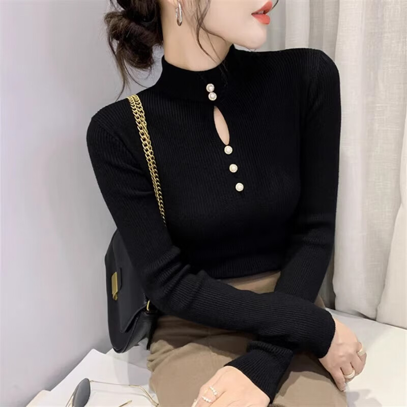 香影芬钉珠半高领一体绒毛衣女秋冬季新款加绒打底衫洋气针织衫保暖上衣 白色 S (建议95斤以内)