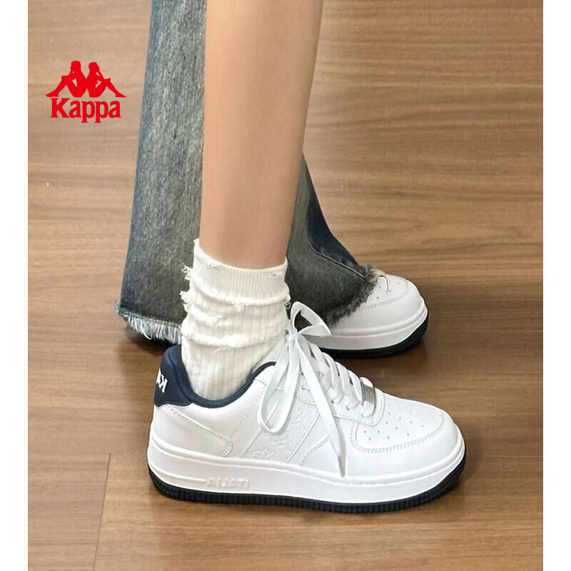 Kappa卡帕女鞋情侣鞋增高板鞋女2025冬季新款透气小白鞋女休闲运动鞋女 经典白/海昌蓝 37