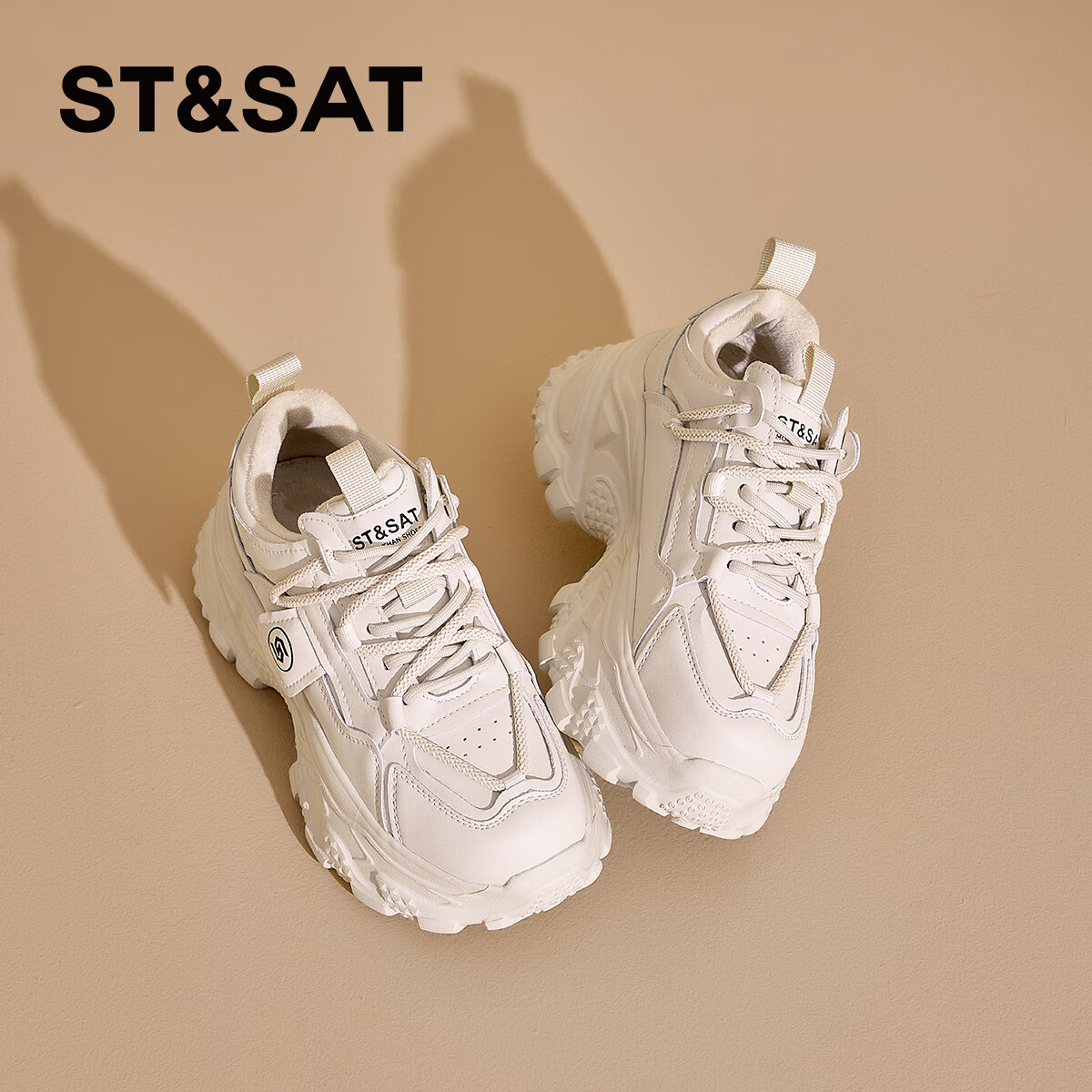 星期六厚底老爹鞋女款2025新款秋季增高女鞋百搭松糕底休闲运动鞋 米白色【皮面】 SS341121LF 36