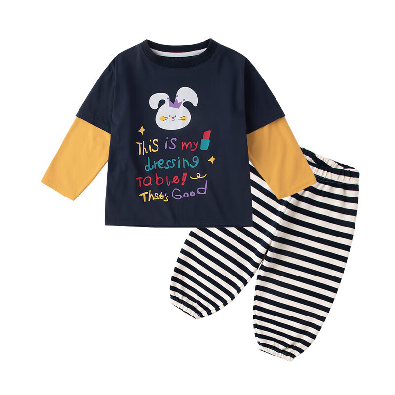 嘟嘟家女童长袖套装春装女小童秋款可爱假两件T恤女宝宝休闲条纹裤子潮 藏青色 90