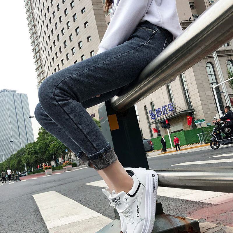 燠阳显瘦牛仔裤女新款秋冬季高腰紧身加厚修身小脚裤九分小个子铅笔裤 【加绒款】蓝灰色 28 【100-108斤】