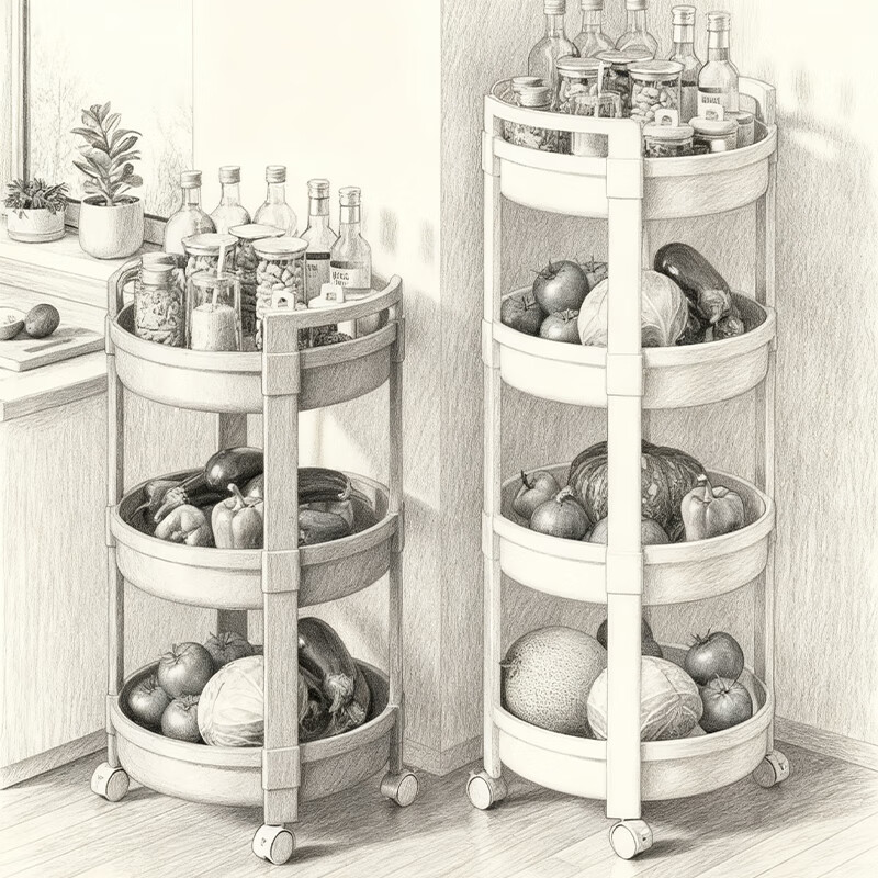 尔思家厨房置物架多功能落地蔬菜篮子多层收纳架调料架可移动零食小推车 白色四层