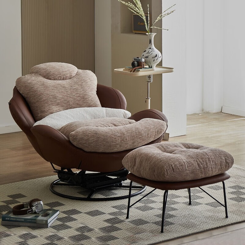 欣慕雅蛋壳摇摇椅客厅阳台休闲懒人单人转椅沙发椅新款真皮躺椅龙虾椅子 暖咖雪尼尔+焦糖色荔枝纹牛皮【可摇转】 单人沙发椅【碳素钢底座】