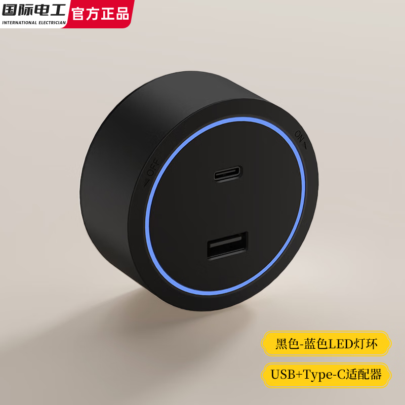 国际电工黑胡桃木纹色轨道插座信中古风滑轨小尺寸电力导轨迷你短款带开关 【适配器】USB+Type-c蓝灯