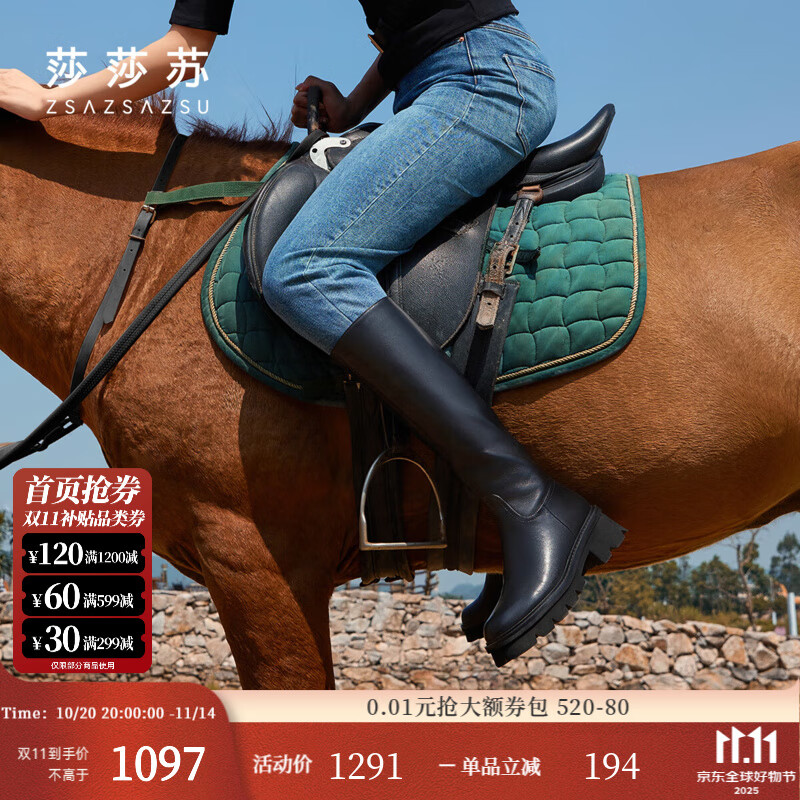 莎莎苏冬季新款加绒保暖高筒粗跟厚底黑色骑士靴女长款马丁靴长靴 黑色 34