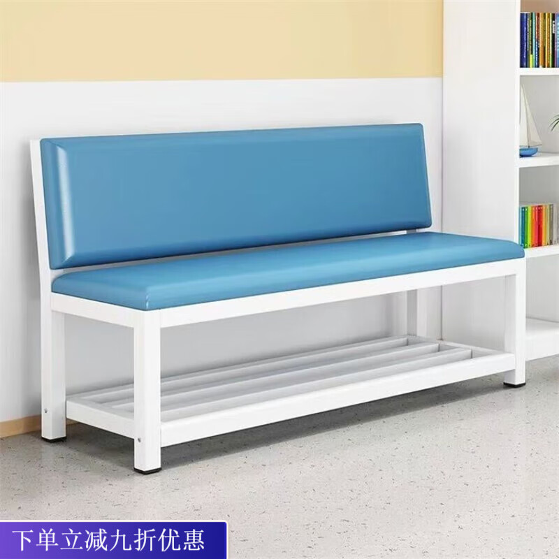 倘然之家软包靠背长椅理发店沙发等候健身房篮球场休息区凳子长条椅子餐桌 【靠背椅】白架蓝色单层 长80宽45高45总高80