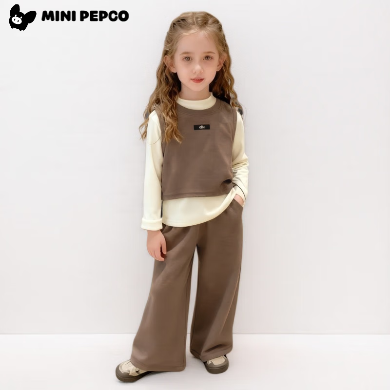 小猪班纳（PEPCO）秋季女童套装洋气纯色韩版秋季新款儿童背心马甲阔腿裤三件套童装 KX色织三件套-咖色 80 (建议身高65-75cm)
