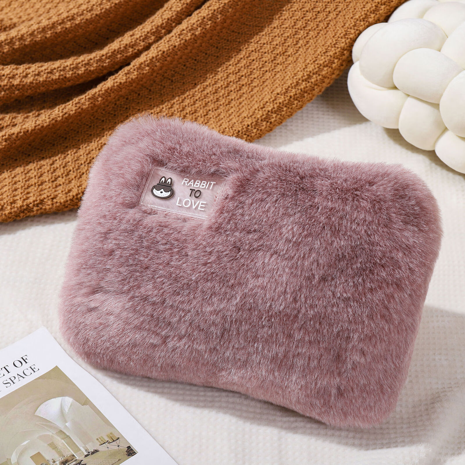 中掌柜超柔软面料热水袋充电款暖手宝防爆电热宝暖宫敷肚子暖宝宝电暖宝 藕色水貂绒超柔