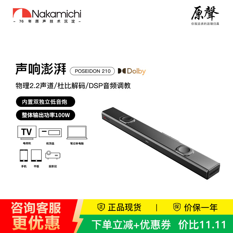 Nakamichi中道回音壁内置低音炮电脑游戏音响电视客厅家用蓝牙壁挂条形DSP音响2.2声道POSEIDON 210 POSEIDON 210