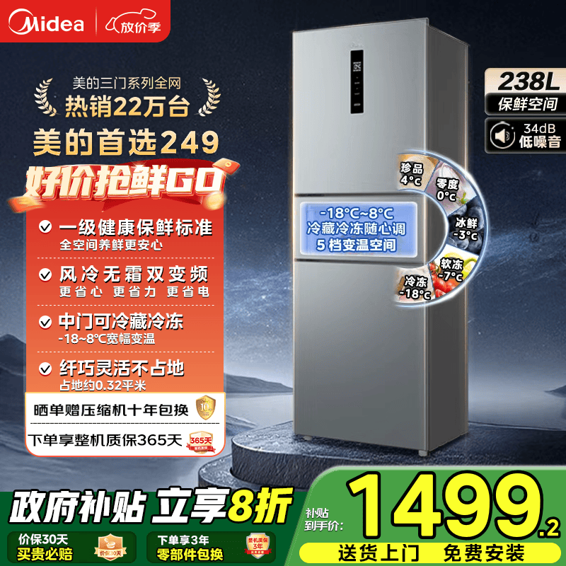 美的（Midea）249三开门多门双变频一级能效风冷无霜中门变温大冷冻空间节能低噪租房小型家用小冰箱政府补贴20% MR-249WTPE