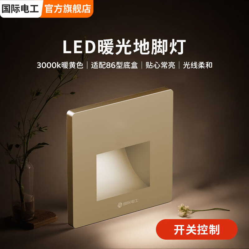国际电工智能感应隐藏插座电工86型地脚灯带led小夜灯床头照明超薄墙壁 金色开关控制地脚灯 暖光