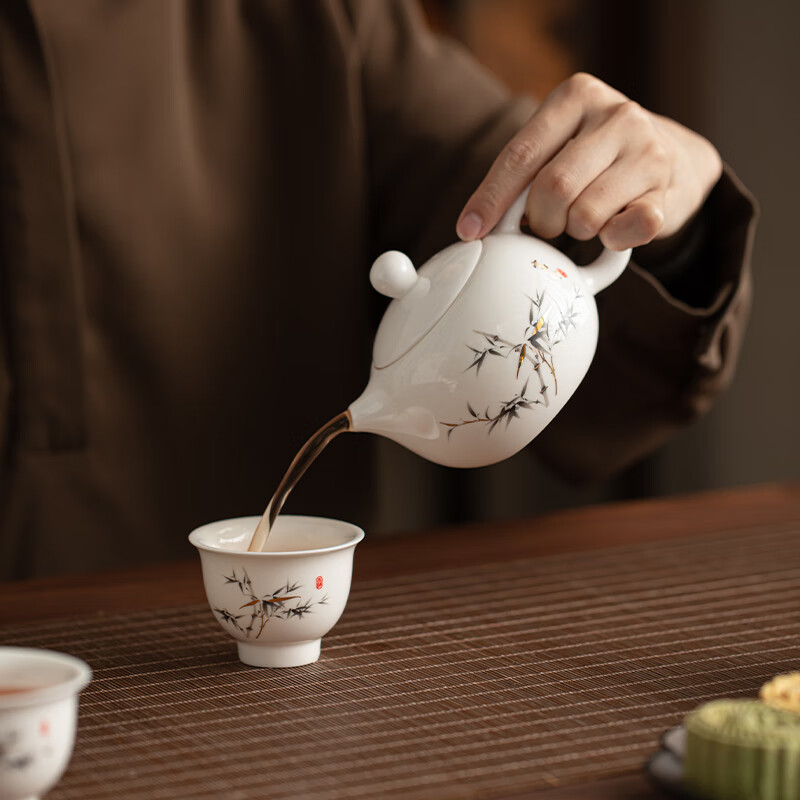 苏氏陶瓷羊脂玉瓷竹韵茶具套装三才盖碗泡茶壶功夫茶杯大套装礼盒平价茶具