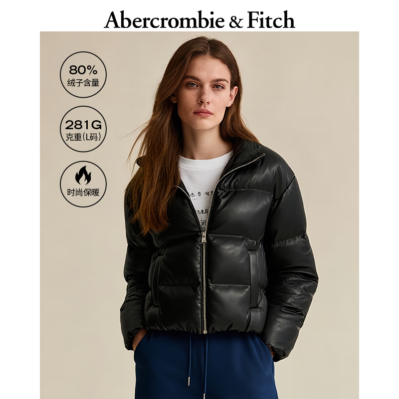 Abercrombie &amp; Fitch美式抗风立领时尚加厚拉链PU皮羽绒服外套25秋冬女装144-5240 黑色 XS (160/84A)