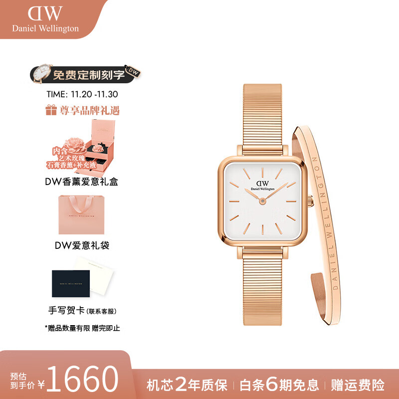 丹尼尔惠灵顿（DanielWellington）dw手表 女士手表摩登复古小方表石英欧美腕表 七夕礼物送女友 玫瑰金白盘