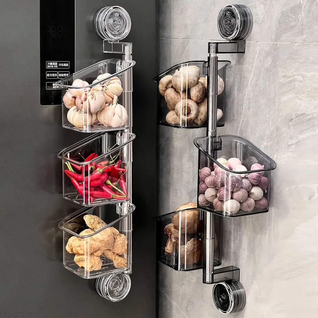 【限时返场】双吸盘旋转葱姜蒜收纳盒壁挂式厨房大容量多层收纳HZ 【超值特惠款】三层大容量旋转置物架*3 透明白